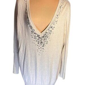 Eileen Fisher System Organic Cotton Cashmere V-Neck Sweater Beige XL